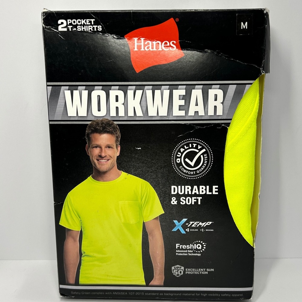 Hanes Workwear 2 Pack Pocket T-Shirts Mens Medium Safety Green X-Temp FreshIQ